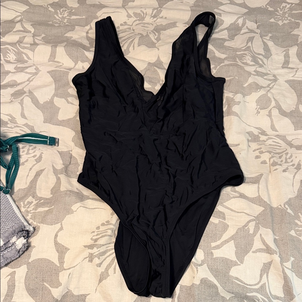 Black One-Piece Deep V Swimsuit